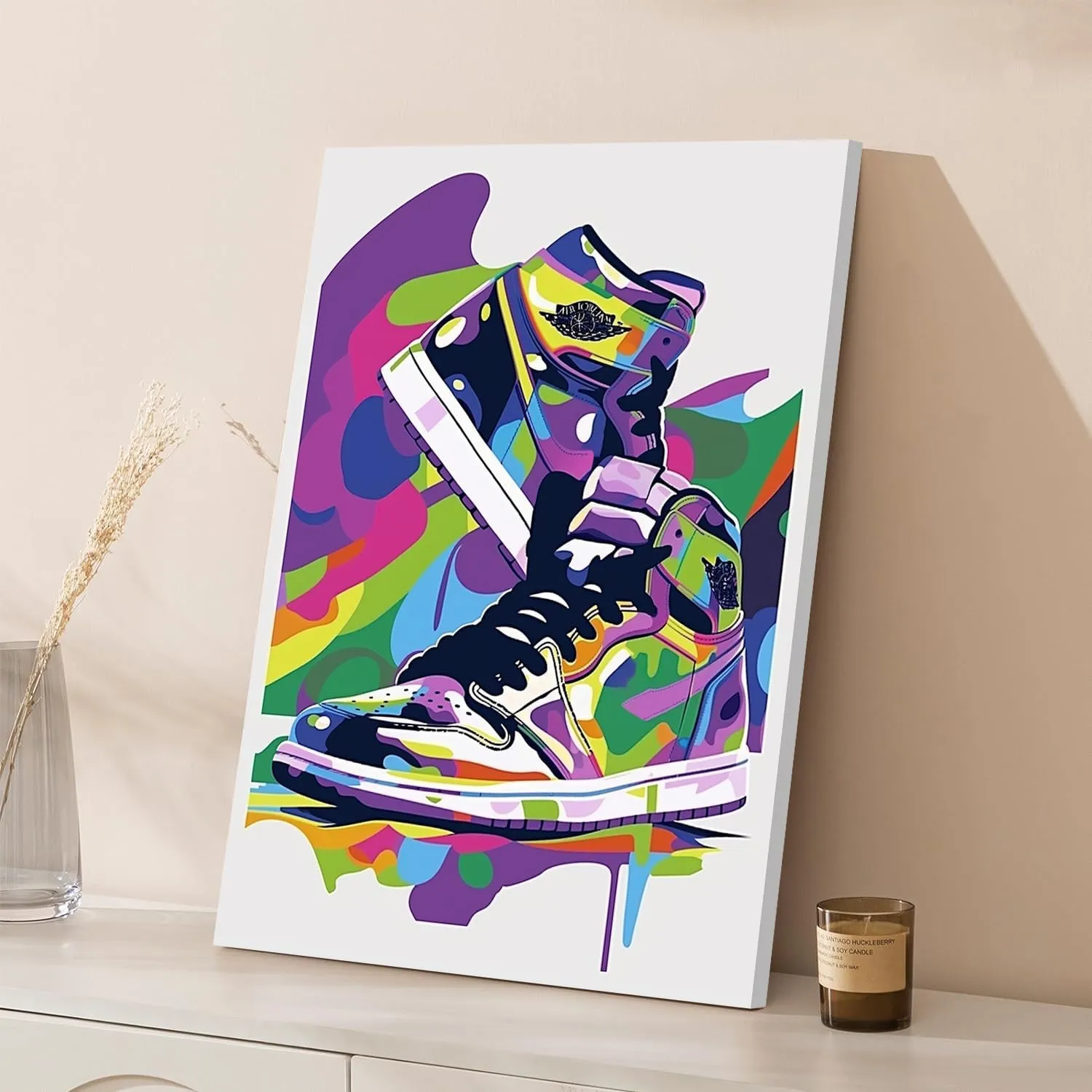 Graffiti Wall Art, Sneaker Ball Decorations Canvas Poster, Cool Boys Sneaker Graffiti Painting, Teen Sneaker Party Decorations for Dorm Living Room Bedroom 16x24 Inch Framed