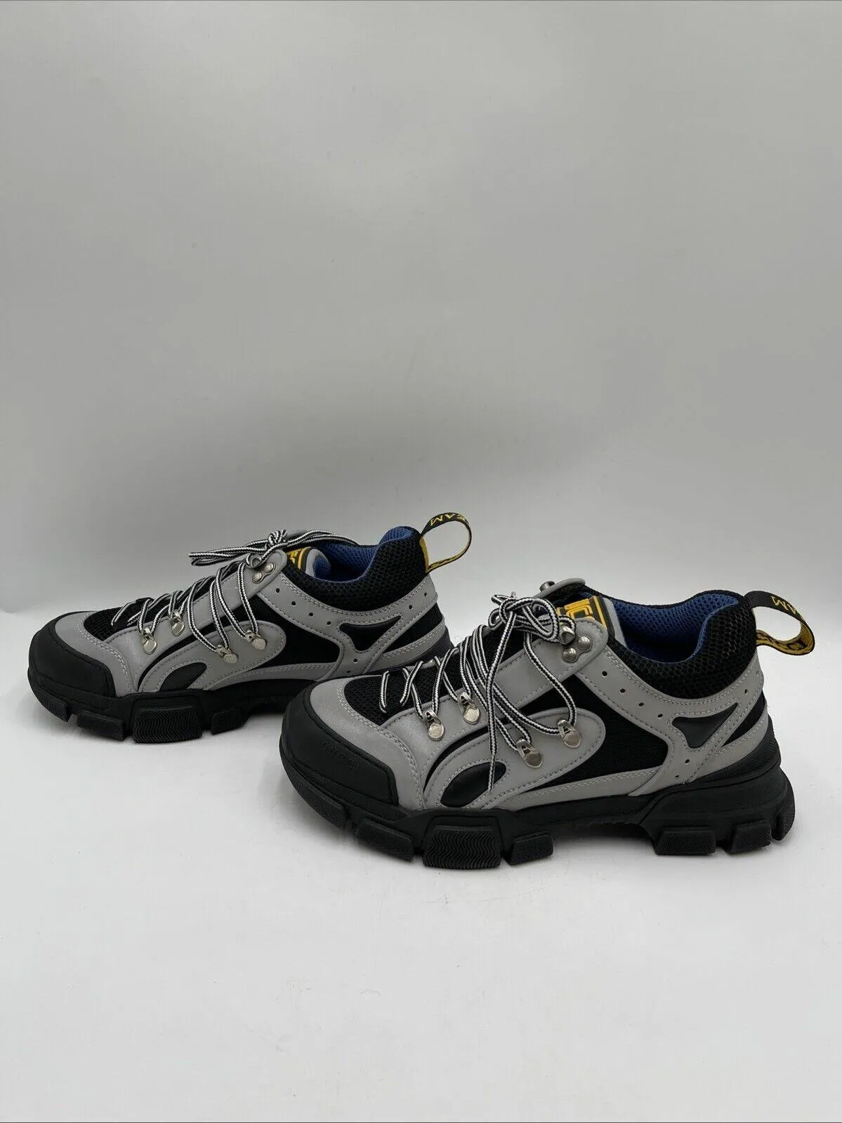 Gucci FLASHTREK Black Mesh/Gray Leather Lace Up Low Top Platform Sneaker Men 7.5 - Very Good