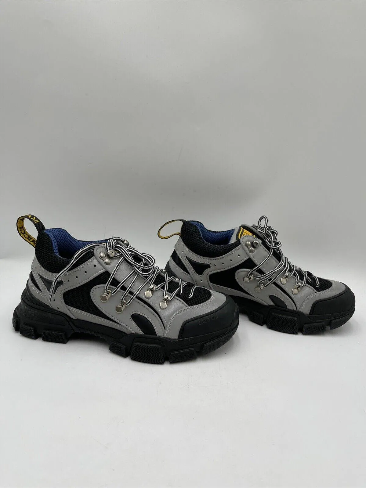 Gucci FLASHTREK Black Mesh/Gray Leather Lace Up Low Top Platform Sneaker Men 7.5 - Very Good