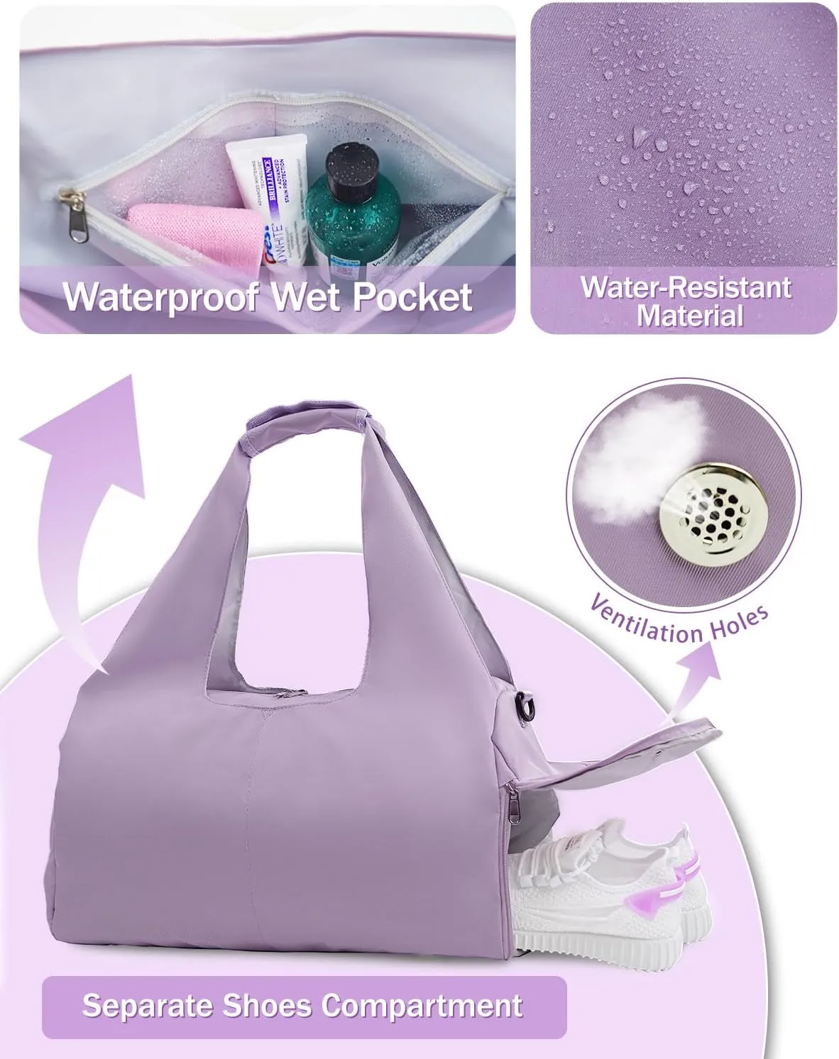 Gym Bag for Women with Shoe Compartment Yoga Mat Bag with Wet Pocket and Water Bottle Holder Weekender Bag with Strap