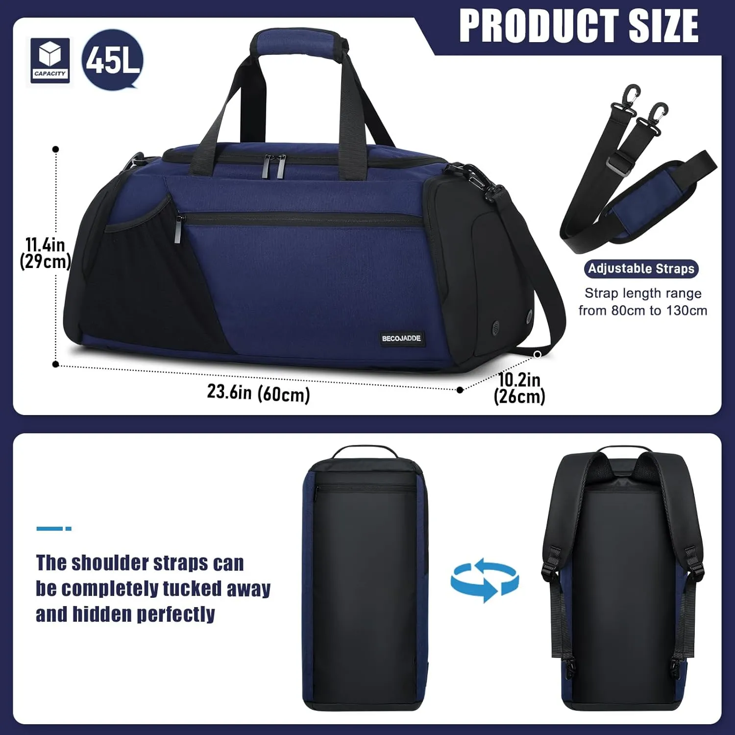 Gym Bags for Men Women 45L Large Gym Backpack Multiple Pockets Sport Duffle Bags with Shoe & Wet Compartment for Workout Travel Weekend Overnight Navy Blue