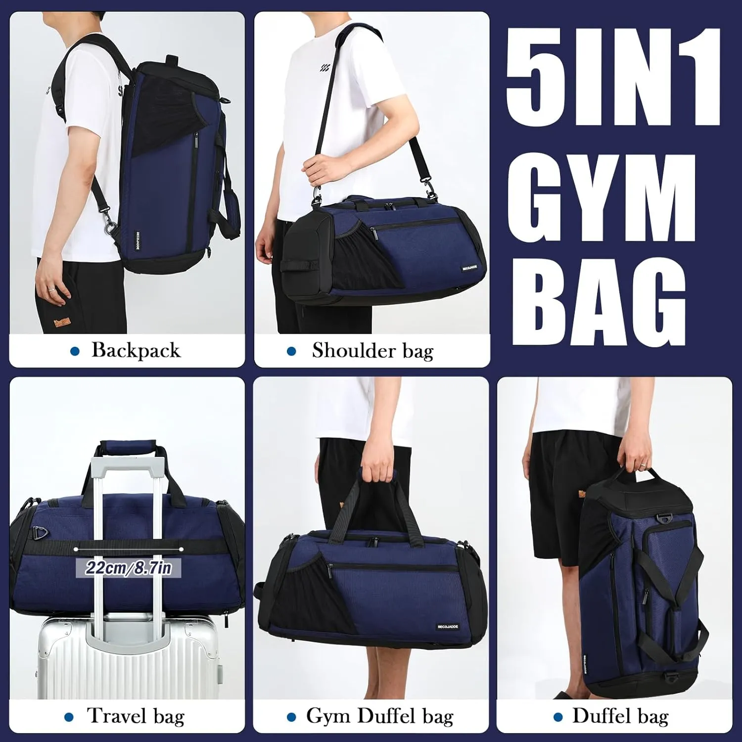 Gym Bags for Men Women 45L Large Gym Backpack Multiple Pockets Sport Duffle Bags with Shoe & Wet Compartment for Workout Travel Weekend Overnight Navy Blue