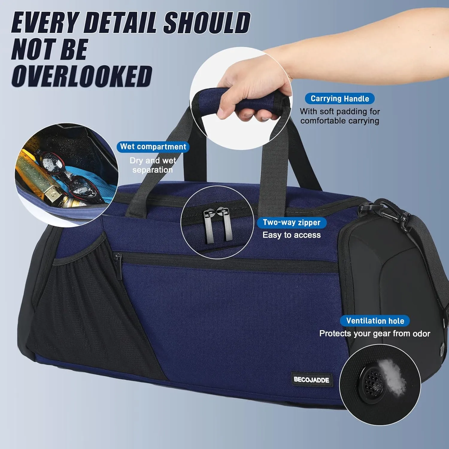 Gym Bags for Men Women 45L Large Gym Backpack Multiple Pockets Sport Duffle Bags with Shoe & Wet Compartment for Workout Travel Weekend Overnight Navy Blue