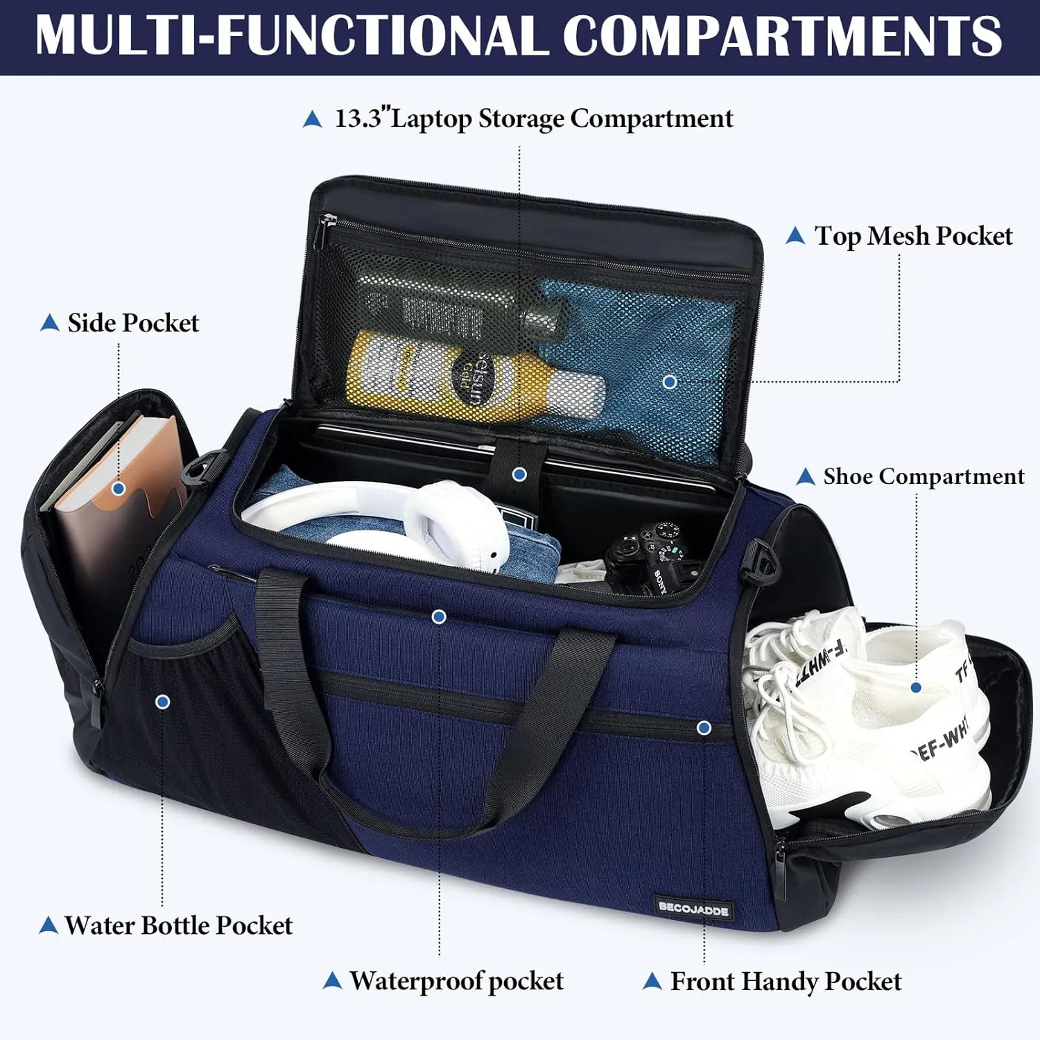 Gym Bags for Men Women 45L Large Gym Backpack Multiple Pockets Sport Duffle Bags with Shoe & Wet Compartment for Workout Travel Weekend Overnight Navy Blue