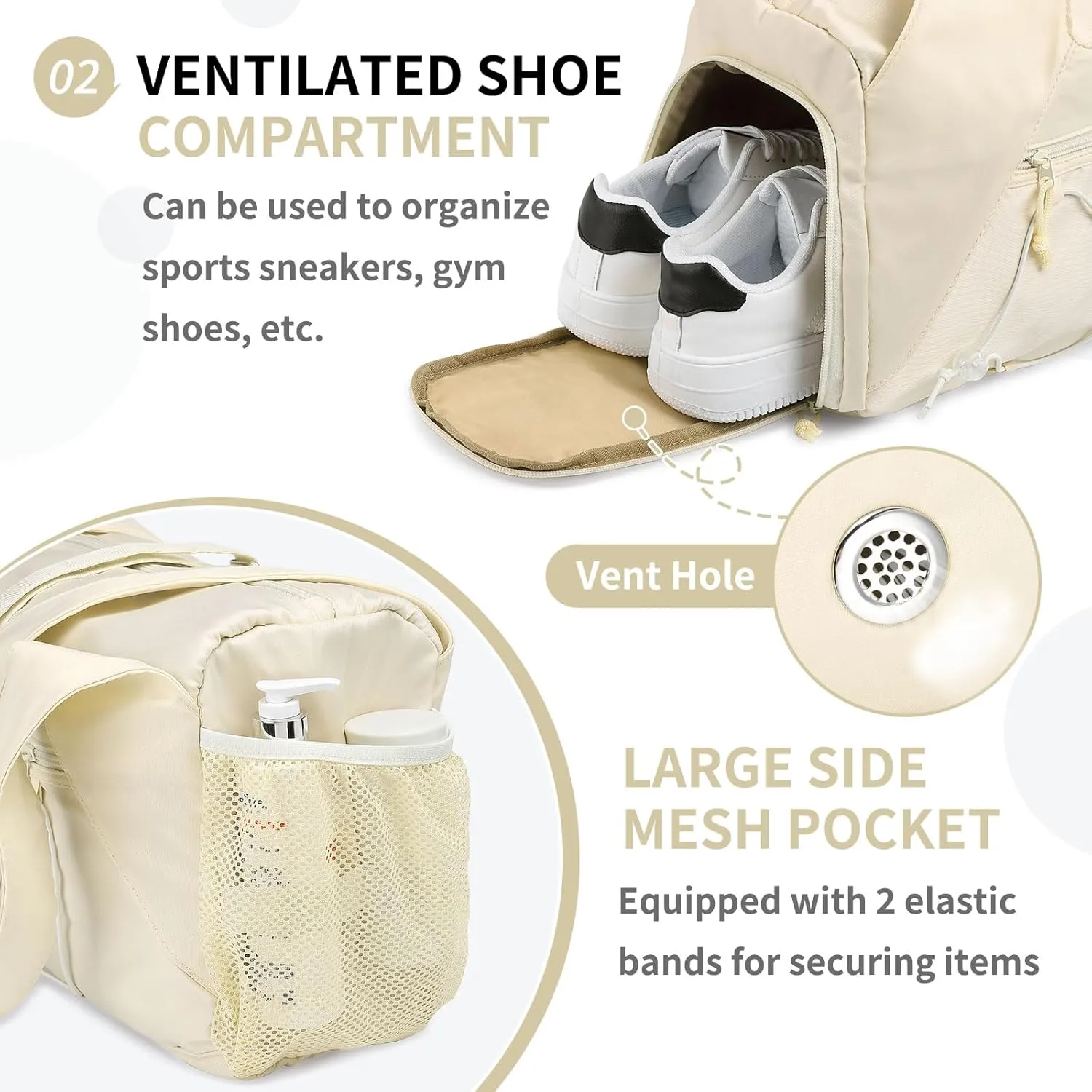 Gym Tote Bag for Women with Water Bottle Pack, Lightweight Duffle Bags for with Shoe Compartment, Workout Yoga Mat Luggage(Beige)