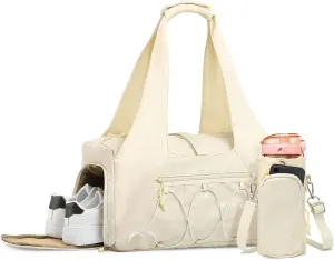 Gym Tote Bag for Women with Water Bottle Pack, Lightweight Duffle Bags for with Shoe Compartment, Workout Yoga Mat Luggage(Beige)