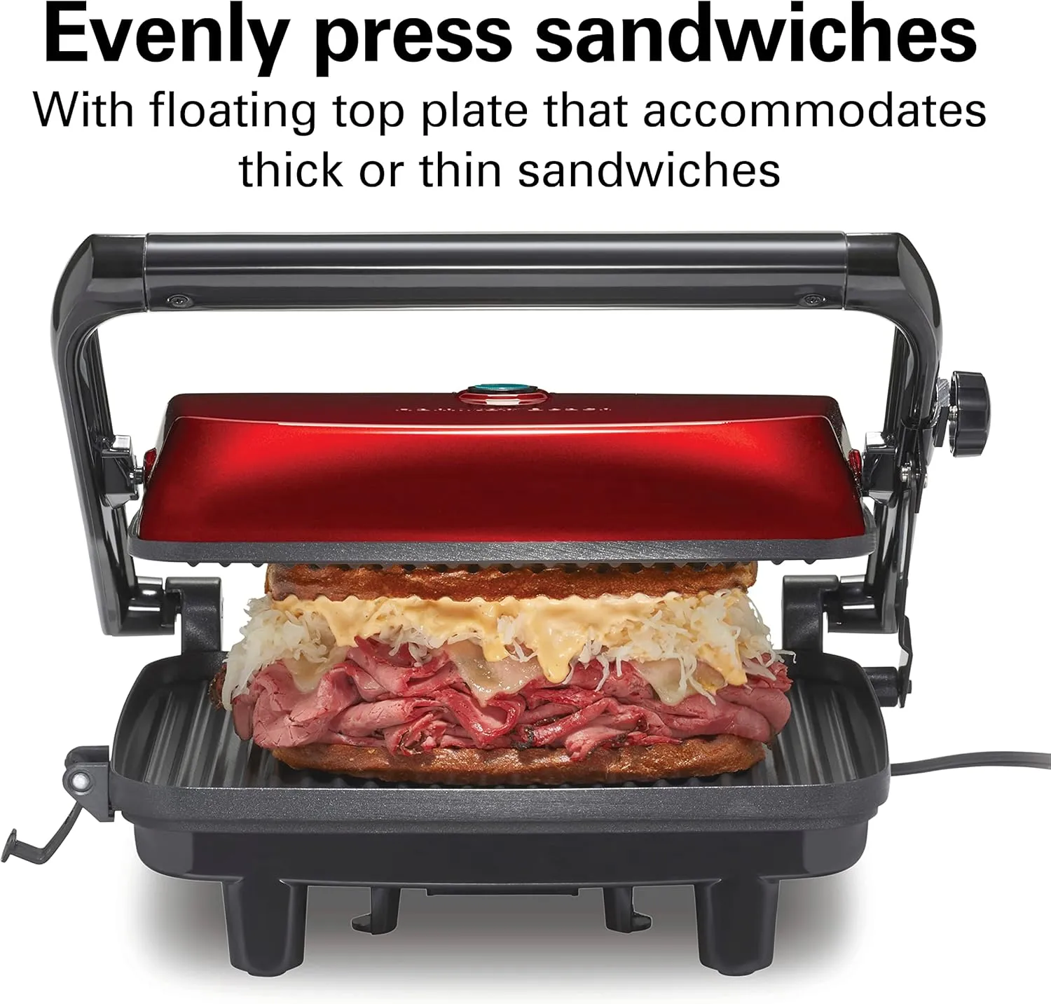 Hamilton Beach Panini Press Sandwich Maker & Electric Indoor Grill with Locking Lid, Opens 180 Degrees for any Thickness for Quesadillas, Burgers & More, Nonstick 8" x 10" Grids, Red (25462Z)