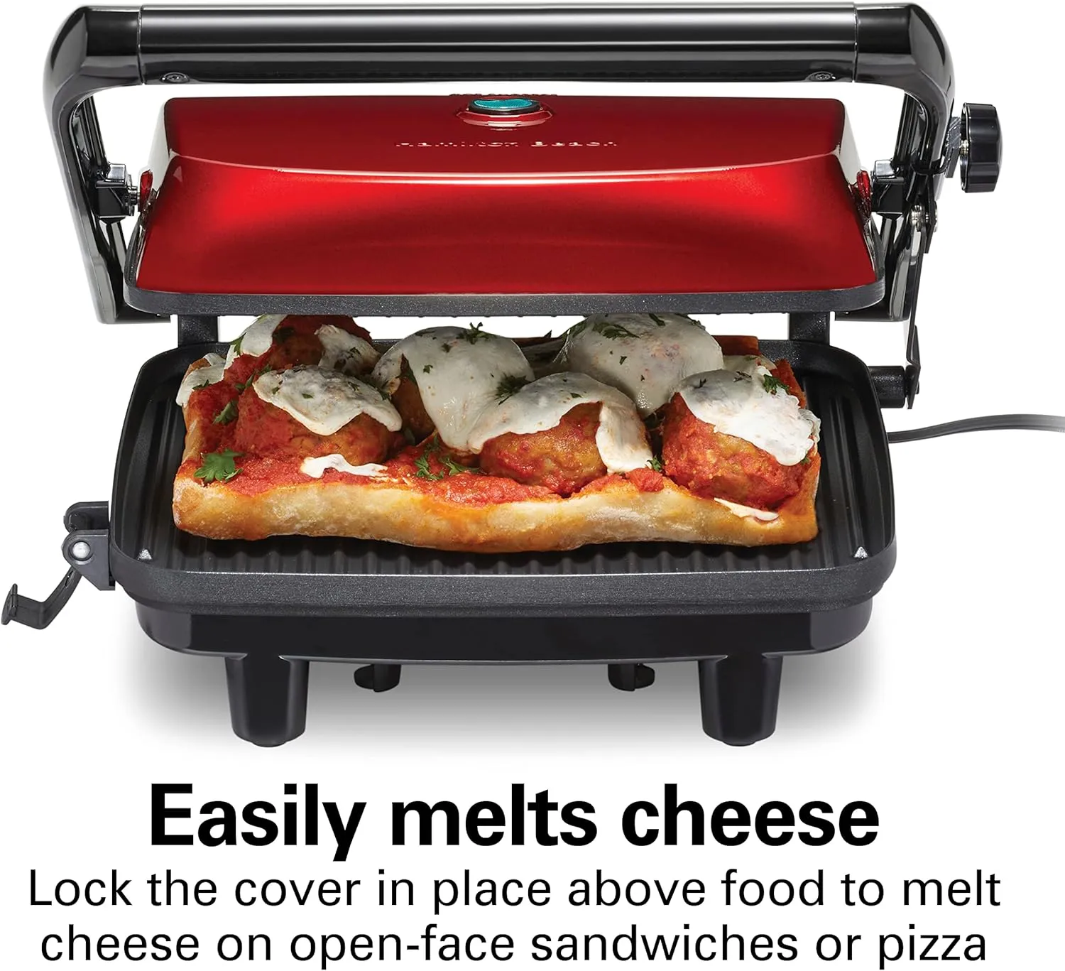 Hamilton Beach Panini Press Sandwich Maker & Electric Indoor Grill with Locking Lid, Opens 180 Degrees for any Thickness for Quesadillas, Burgers & More, Nonstick 8" x 10" Grids, Red (25462Z)