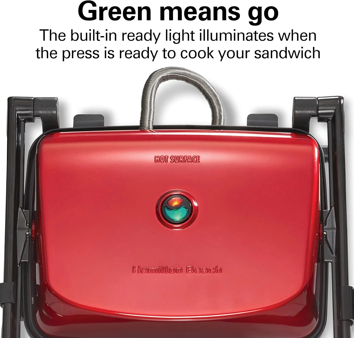 Hamilton Beach Panini Press Sandwich Maker & Electric Indoor Grill with Locking Lid, Opens 180 Degrees for any Thickness for Quesadillas, Burgers & More, Nonstick 8" x 10" Grids, Red (25462Z)