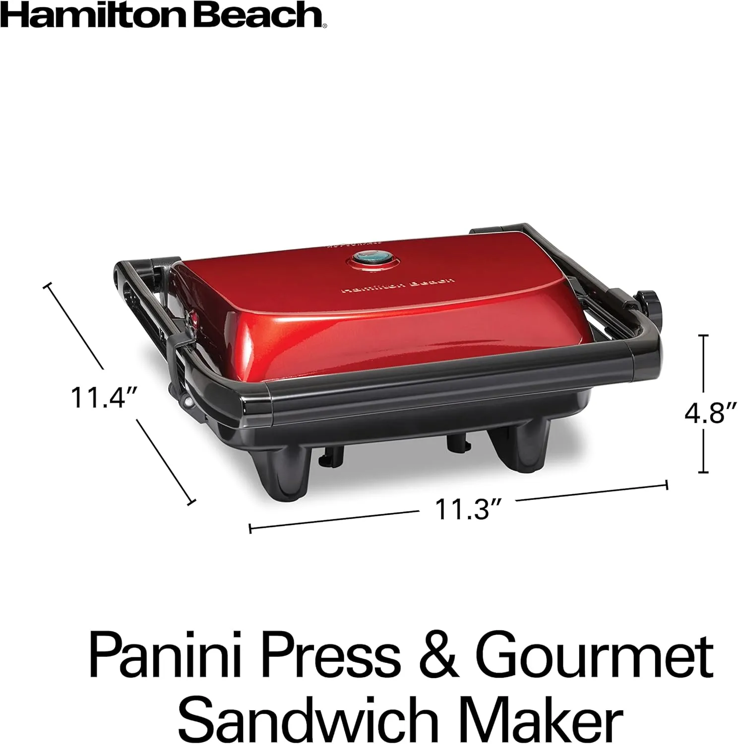 Hamilton Beach Panini Press Sandwich Maker & Electric Indoor Grill with Locking Lid, Opens 180 Degrees for any Thickness for Quesadillas, Burgers & More, Nonstick 8" x 10" Grids, Red (25462Z)