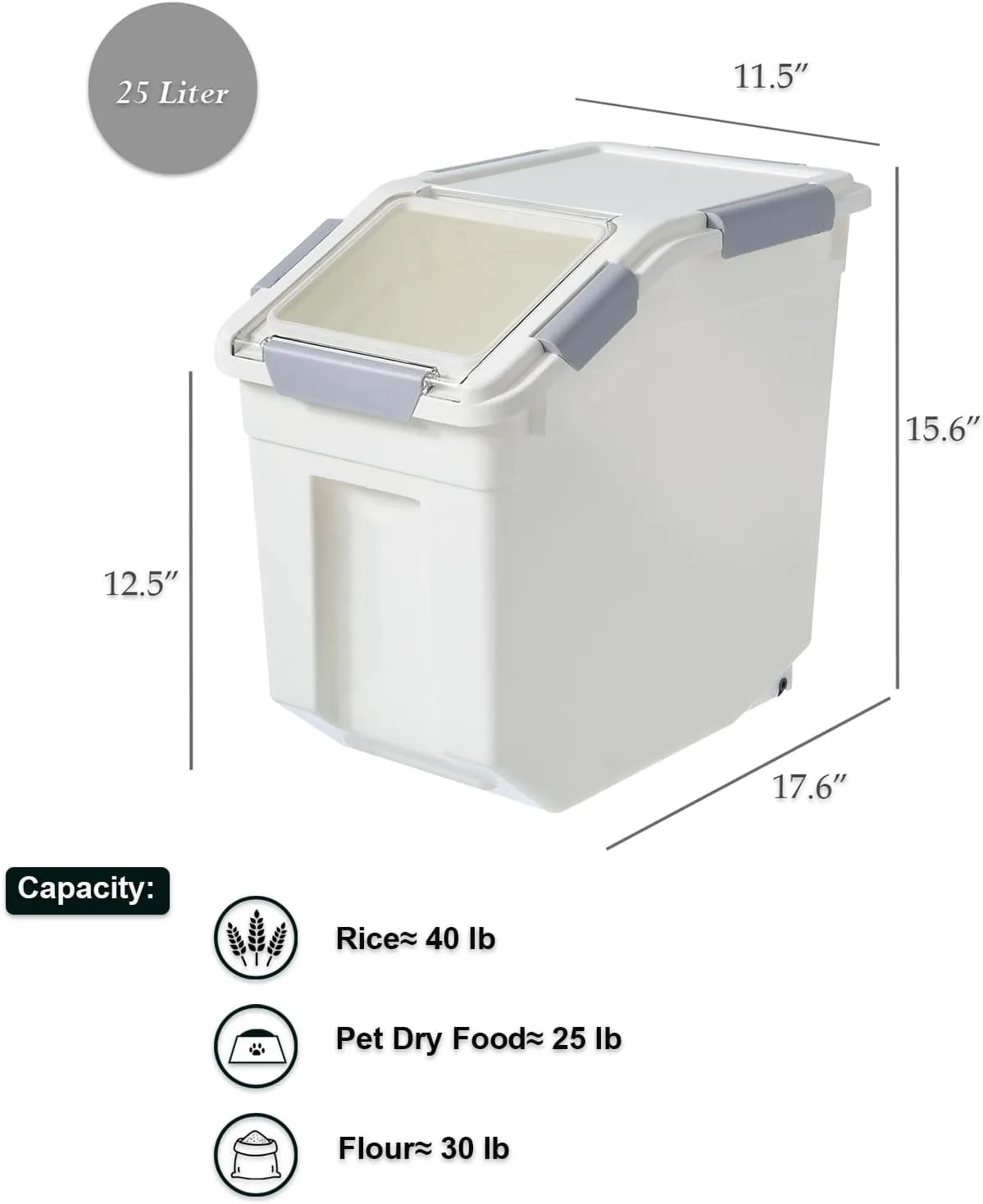 HANAMYA 25 Liter / 40 lbs Rice Storage Container with Measuring Cup, BPA free, For Rice | Grain | Pet Food | Flour, 2 count, White