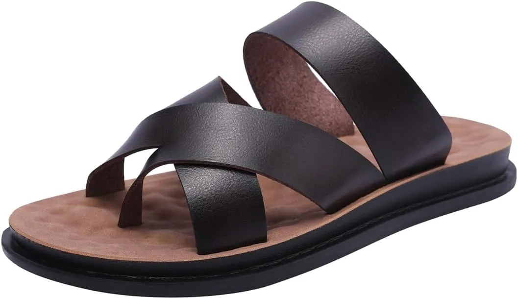 Harssidanzar Men's Sandals,Quick-Dry Flip-Flop Summer Slip On Cross Straps Slide Sandals Toe Ring Style Outdoor And Indoor KM221US