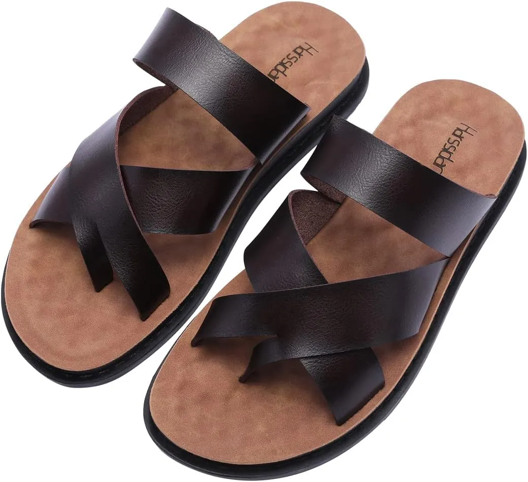 Harssidanzar Men's Sandals,Quick-Dry Flip-Flop Summer Slip On Cross Straps Slide Sandals Toe Ring Style Outdoor And Indoor KM221US