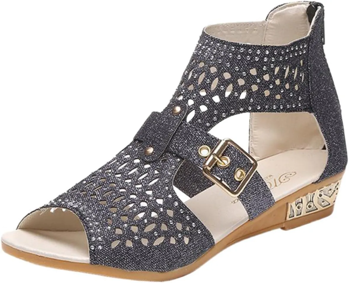 Hbeylia Flat Sandals for Women,Rhinestones Hollow Out Peep Toe Cross Strap Sandals for Womens Glitter Zipper Roman Gladiator Sandals Shoes Summer Casual Daily Sandals