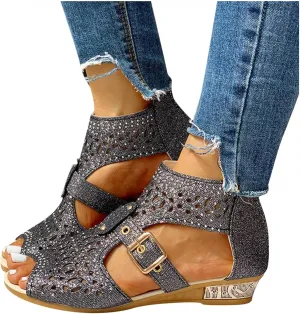 Hbeylia Flat Sandals for Women,Rhinestones Hollow Out Peep Toe Cross Strap Sandals for Womens Glitter Zipper Roman Gladiator Sandals Shoes Summer Casual Daily Sandals