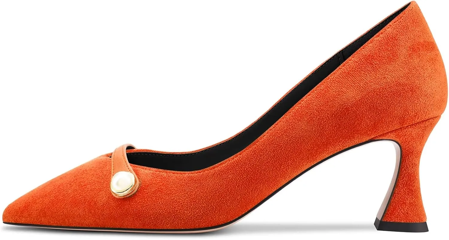 HDEUOLM Women Chunky Block Mid Heel Pointed Toe Pumps Slip-on Wedding Dress 2.6 Inches Heels