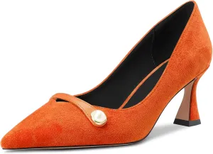 HDEUOLM Women Chunky Block Mid Heel Pointed Toe Pumps Slip-on Wedding Dress 2.6 Inches Heels