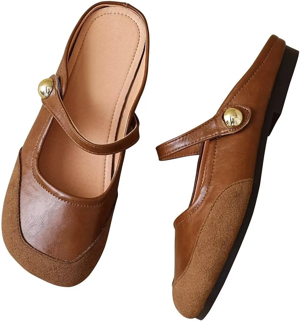 Hee grand Mules for Women Flats Square Toe Slip on Flat Slides Comfortable Suede Women Slippers Backless Loafer Shoes