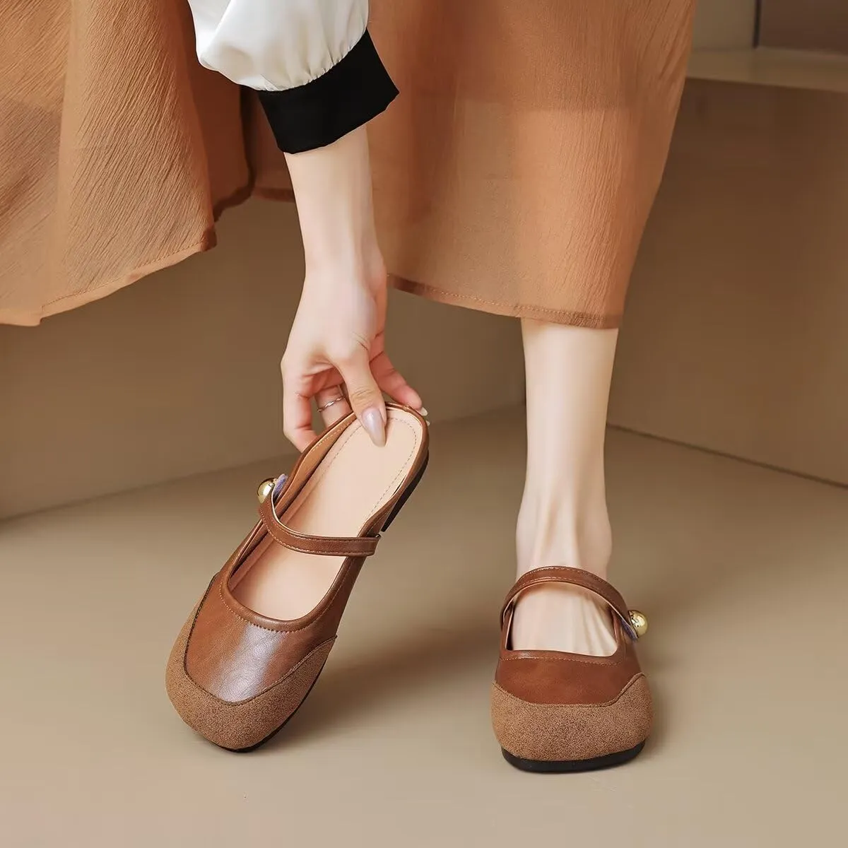 Hee grand Mules for Women Flats Square Toe Slip on Flat Slides Comfortable Suede Women Slippers Backless Loafer Shoes