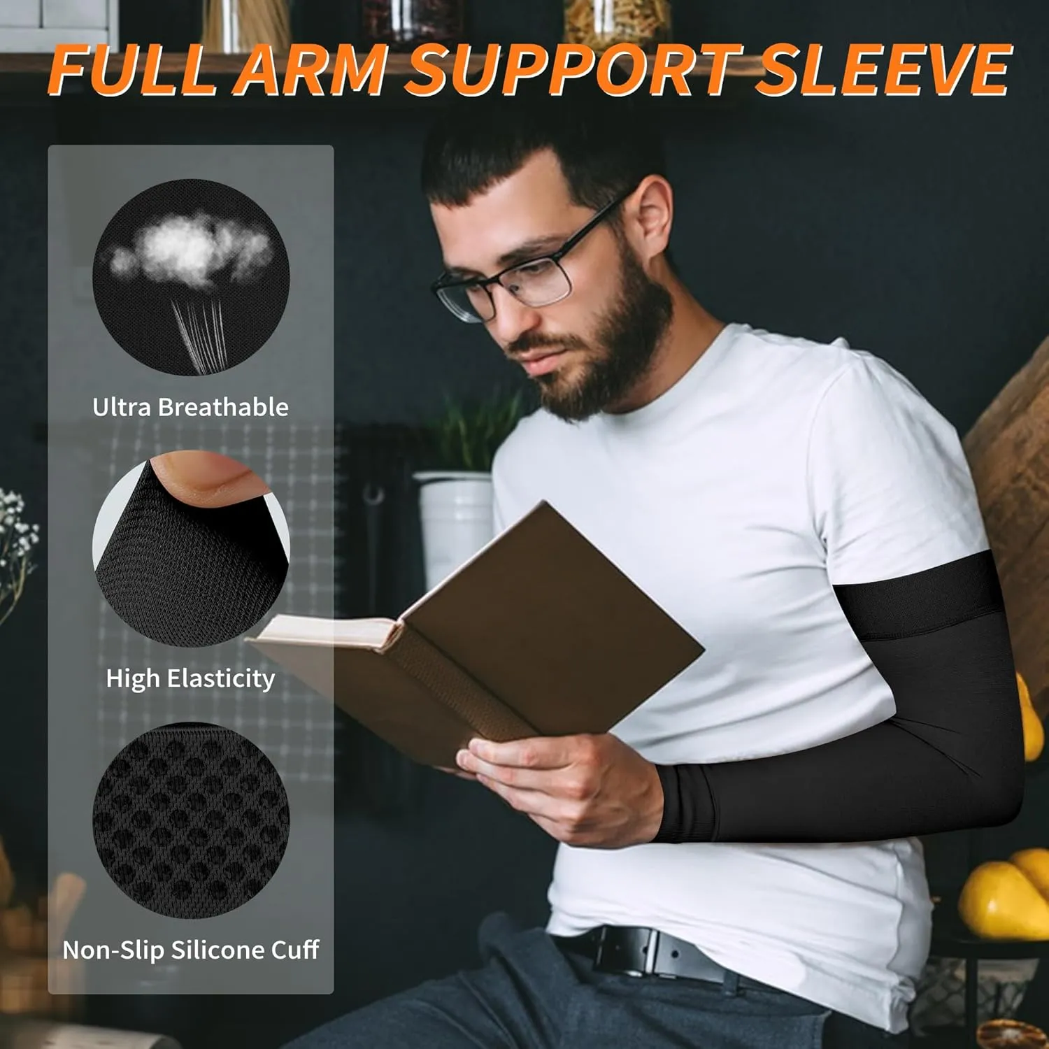 Hiball Lymphedema Medical Compression Arm Sleeve for Men Women, 20-30 mmHg Graduated Compression Full Arm Support with Silicone Band, Long Circulation Pressure Arm Brace for Arthritis, Bursitis, Edema