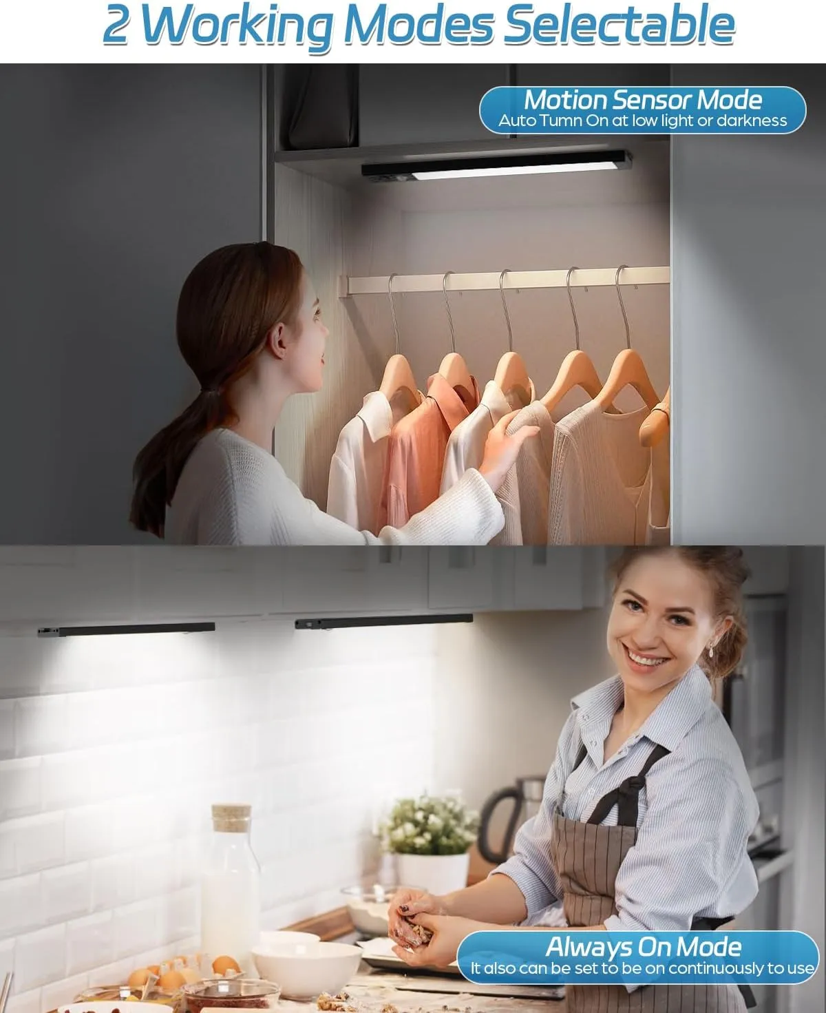 HIBOITEC Closet Light Wireless Under Cabinet Lighting Rechargeable Motion Sensored Lights Indoor, 50 LED Dimmable Magnetic Night Light for Kitchen, Laundry, Pantry, 2 Pack, Cool White Light, 10 inch