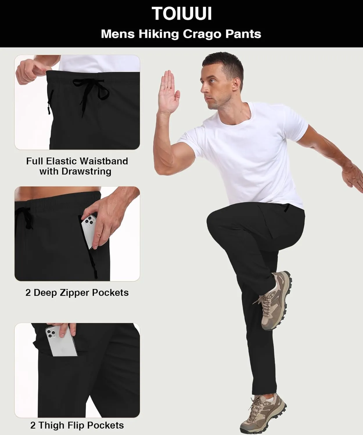 Hiking Pants Men Water Resistant Cargo Pants Lightweight Travel Pants with Zipper Pockets for Work Fishing Outdoor QYY24011