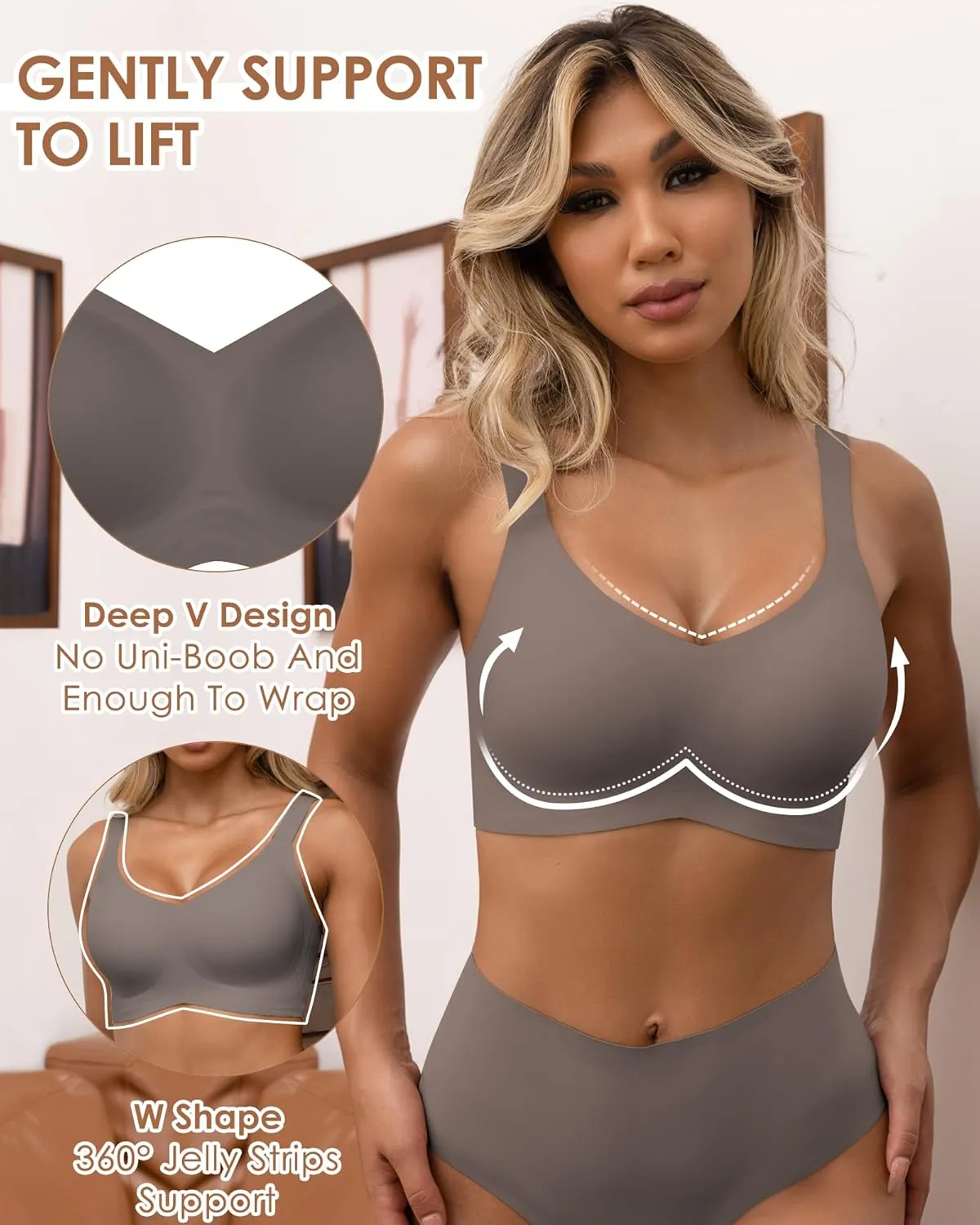 HORISUN Seamless Bras Full Coverage Wireless Push Up Bra for Women No Underwire Comfort V Neck Bralettes with Support