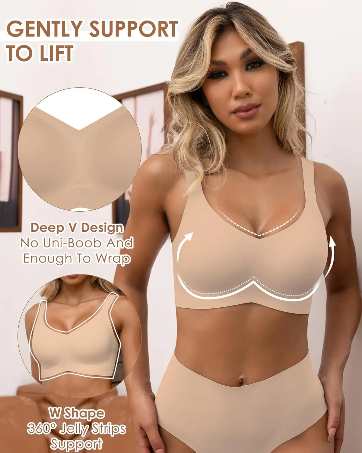 HORISUN Seamless Bras Full Coverage Wireless Push Up Bra for Women No Underwire Comfort V Neck Bralettes with Support