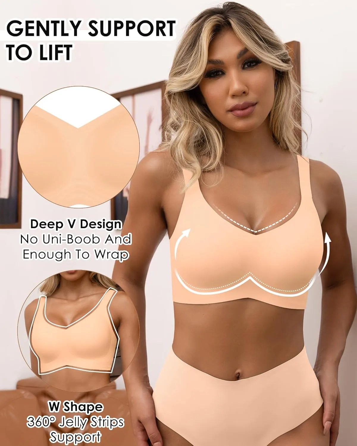 HORISUN Seamless Bras Full Coverage Wireless Push Up Bra for Women No Underwire Comfort V Neck Bralettes with Support