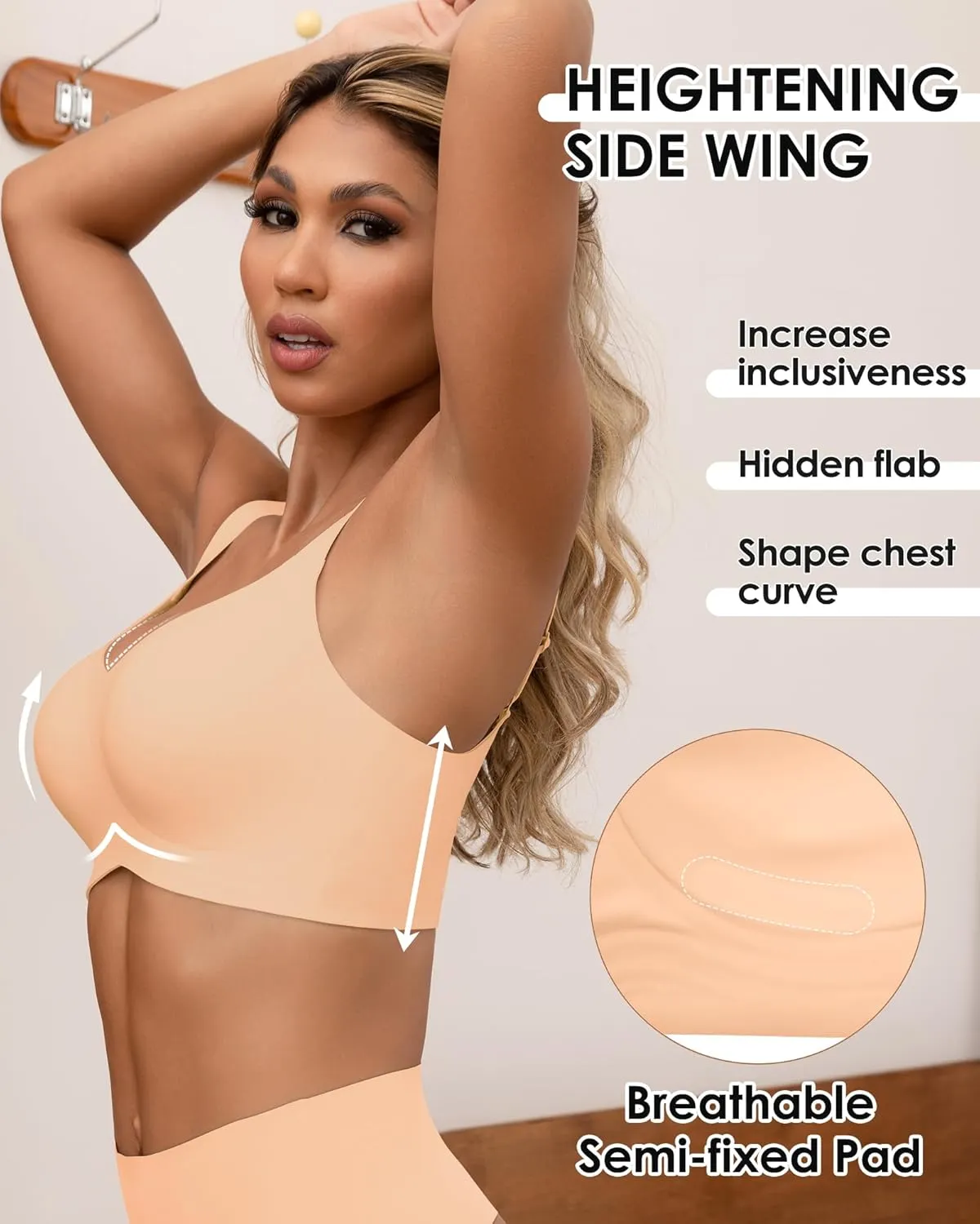 HORISUN Seamless Bras Full Coverage Wireless Push Up Bra for Women No Underwire Comfort V Neck Bralettes with Support
