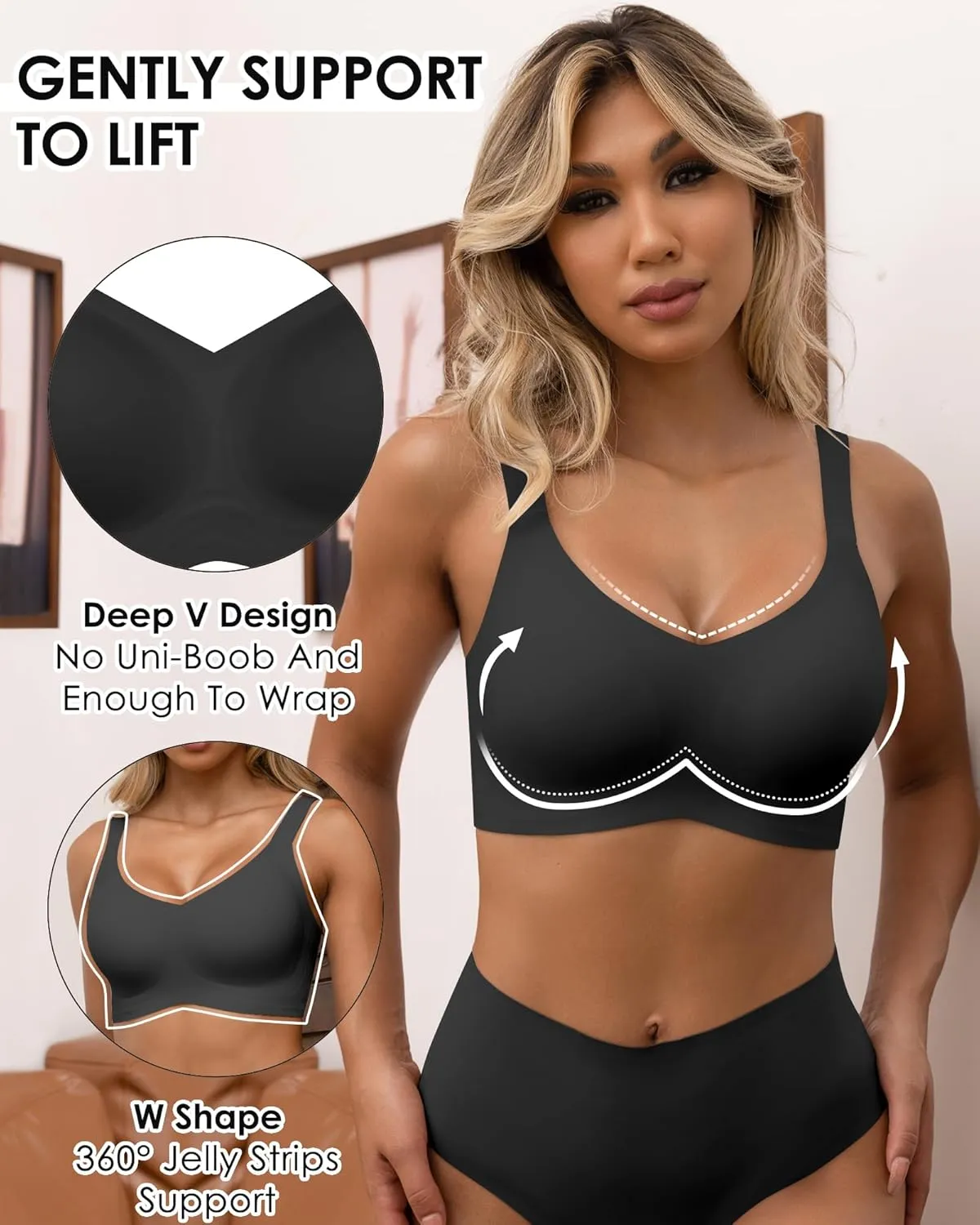 HORISUN Seamless Bras Full Coverage Wireless Push Up Bra for Women No Underwire Comfort V Neck Bralettes with Support