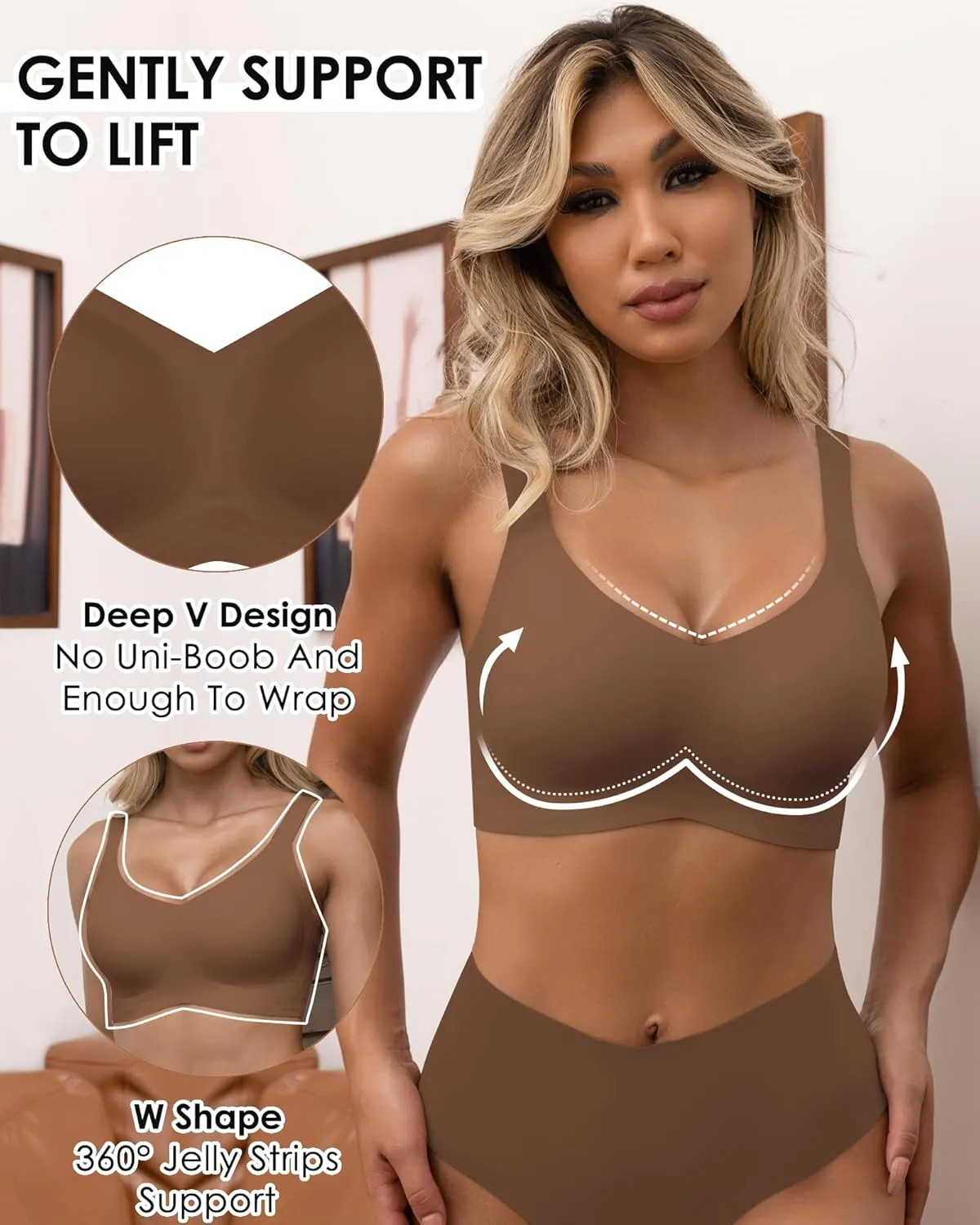 HORISUN Seamless Bras Full Coverage Wireless Push Up Bra for Women No Underwire Comfort V Neck Bralettes with Support