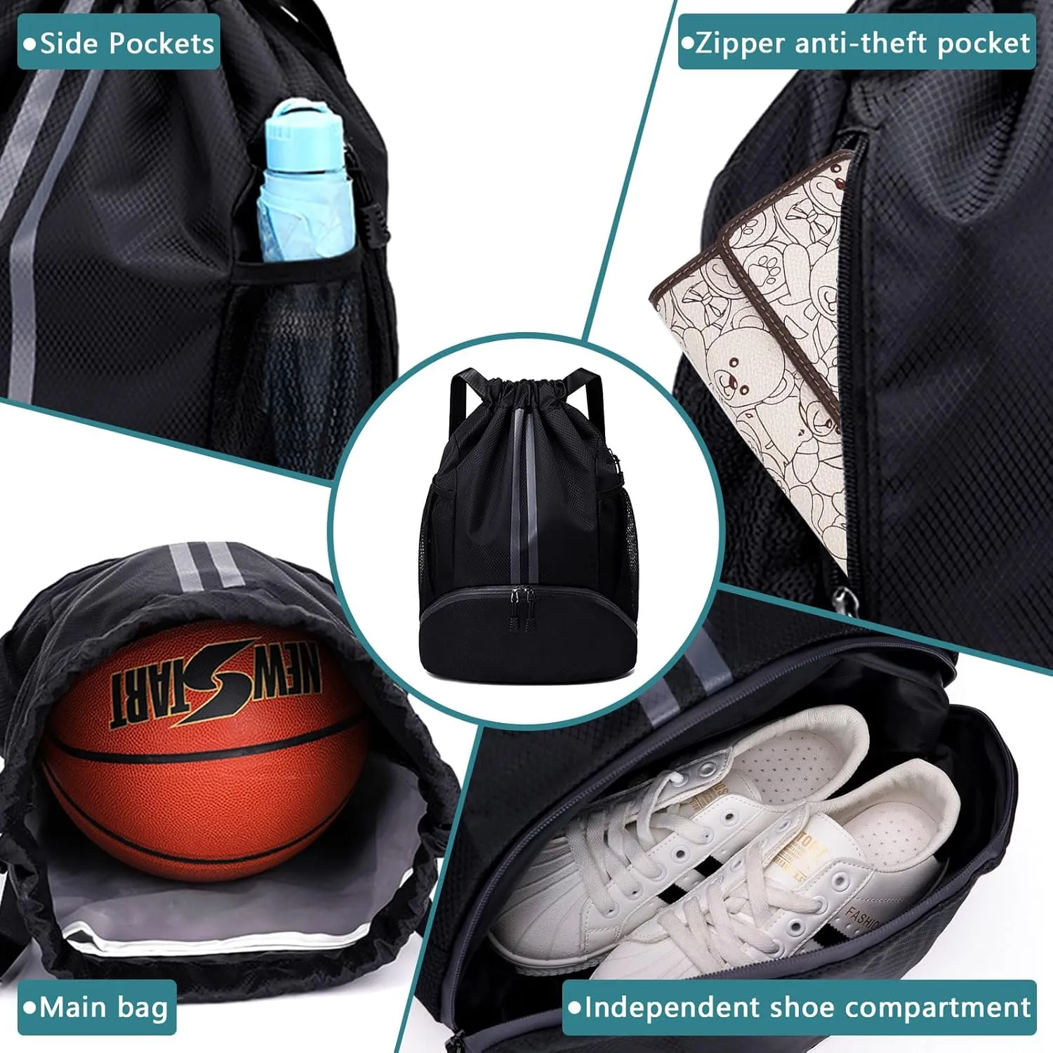 HUA ANGEL Waterproof Drawstring Backpack Lightweight Nylon Gym Bag with Shoe Compartment for Travel Swimming Sports Outdoor