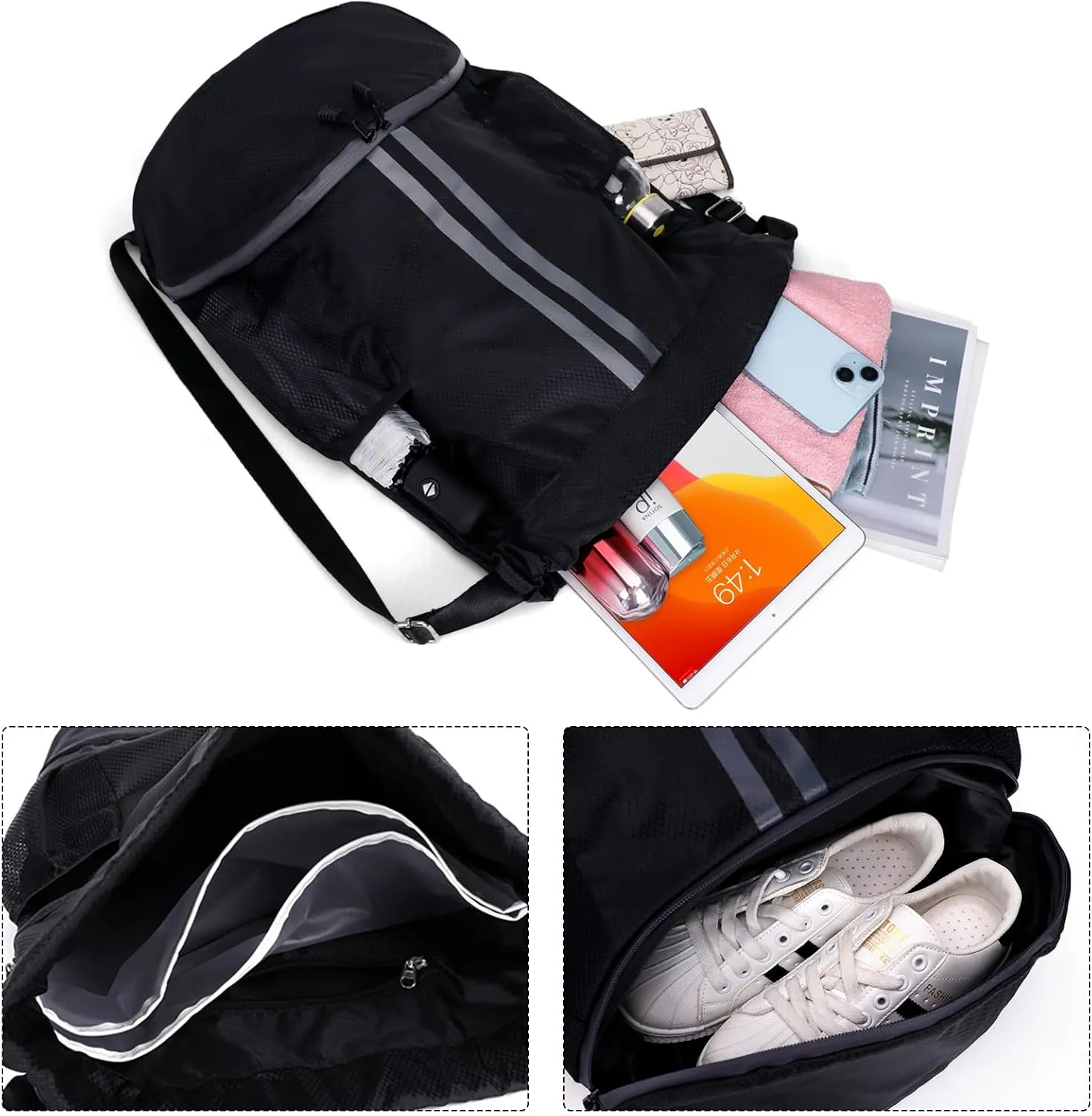 HUA ANGEL Waterproof Drawstring Backpack Lightweight Nylon Gym Bag with Shoe Compartment for Travel Swimming Sports Outdoor