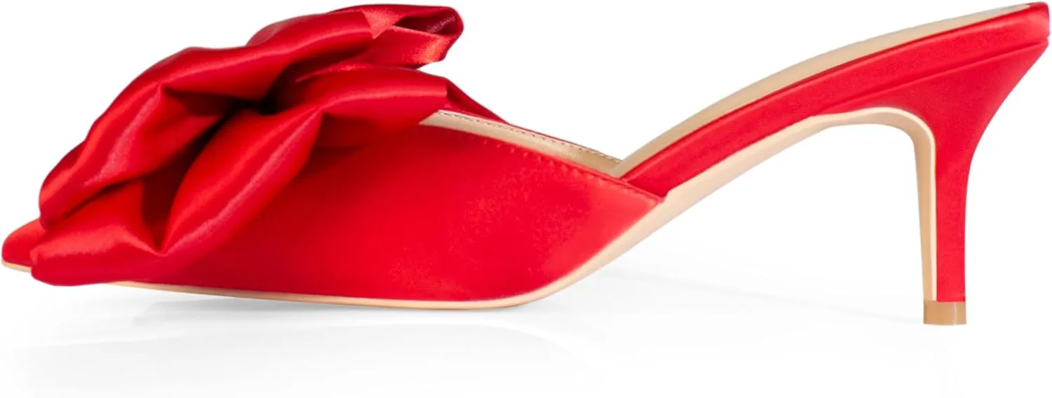iadore Women's High Heel Sandals, 3'' Satin Closed Pointed Toe Oversized Bow Slip-on Stiletto Slippers Party Prom Casual Dress Mules