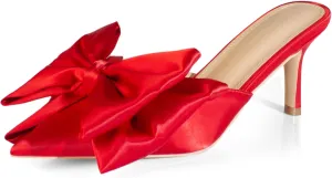iadore Women's High Heel Sandals, 3'' Satin Closed Pointed Toe Oversized Bow Slip-on Stiletto Slippers Party Prom Casual Dress Mules