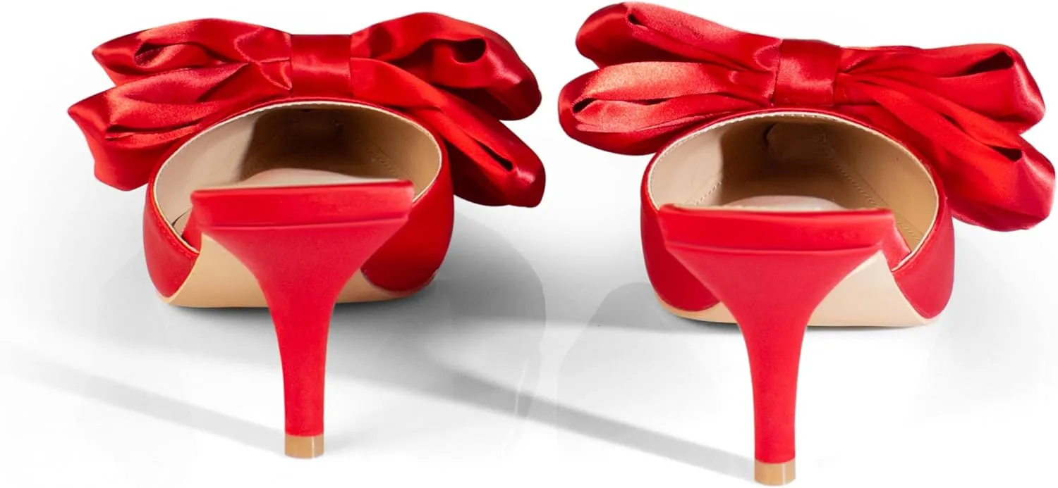 iadore Women's High Heel Sandals, 3'' Satin Closed Pointed Toe Oversized Bow Slip-on Stiletto Slippers Party Prom Casual Dress Mules