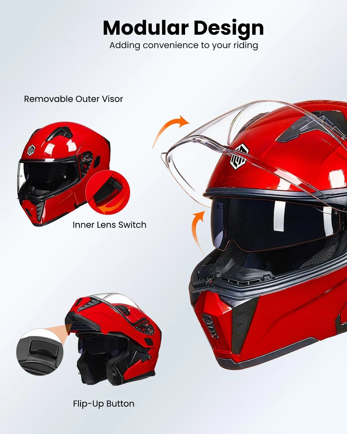 ILM Motorcycle Modular Full Face Helmet for Adult Flip up Dual Visor LED Tail Light Optional DOT