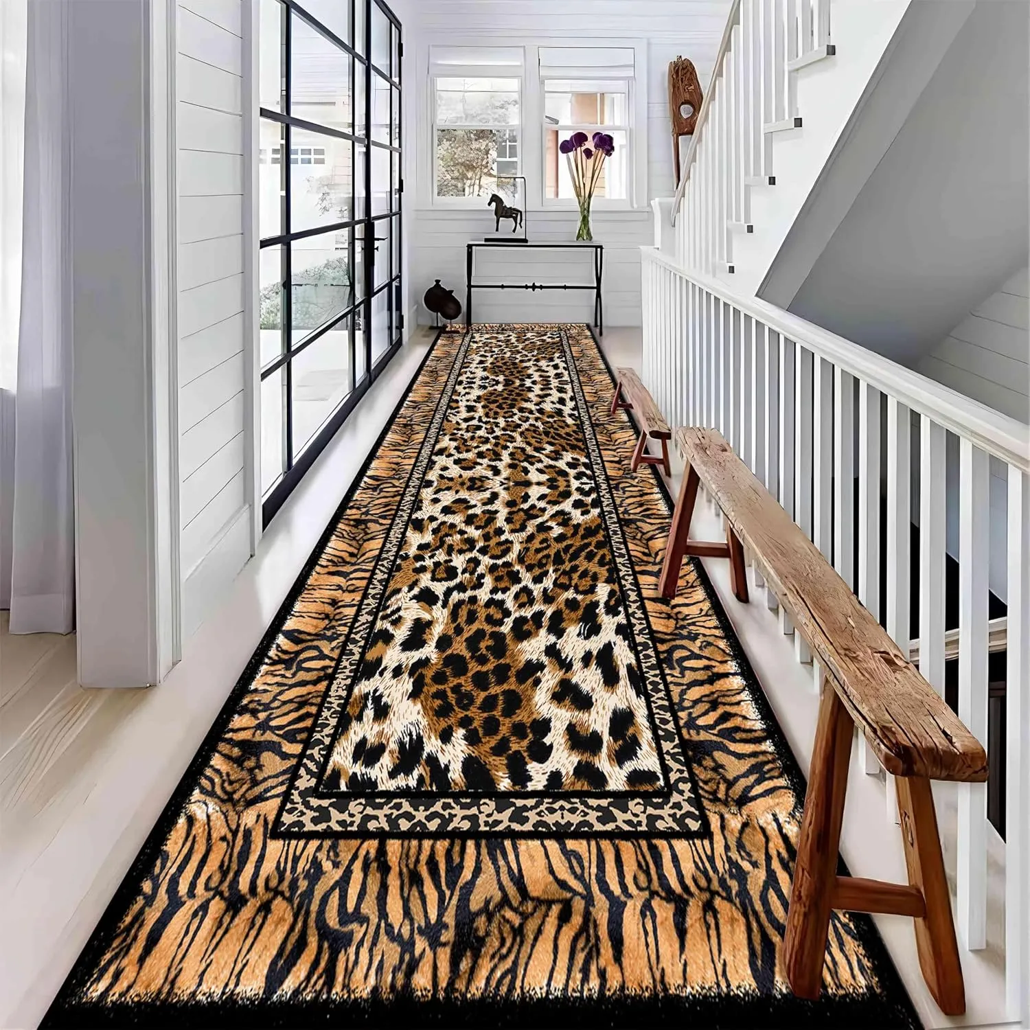 Indoor Boho Runner Rug 2x6ft Washable Animal Area Rugs Non Slip Ultra Thin Leopard Tiger Stripes Printed Rug Home Décor for Entryway Bedroom Hallway Kitchen Living Room Runner