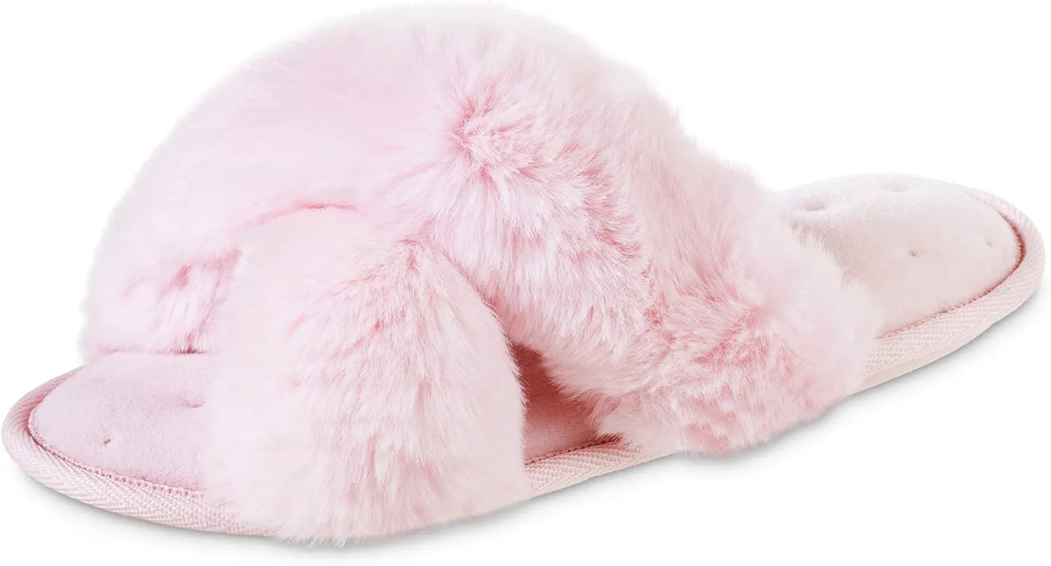 isotoner Women's Fuzzy Slipper, Cozy Open Toe Flip-Flop with a Furry Cross Band and Plush Fluffy Terry Cushion