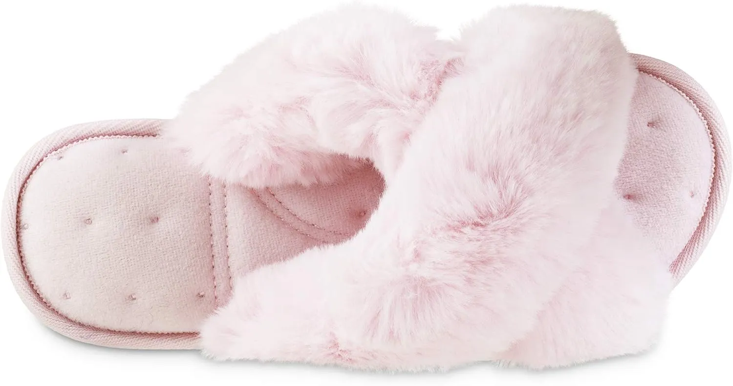 isotoner Women's Fuzzy Slipper, Cozy Open Toe Flip-Flop with a Furry Cross Band and Plush Fluffy Terry Cushion