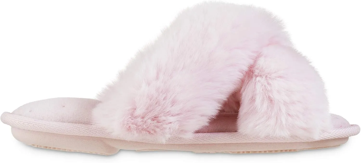 isotoner Women's Fuzzy Slipper, Cozy Open Toe Flip-Flop with a Furry Cross Band and Plush Fluffy Terry Cushion