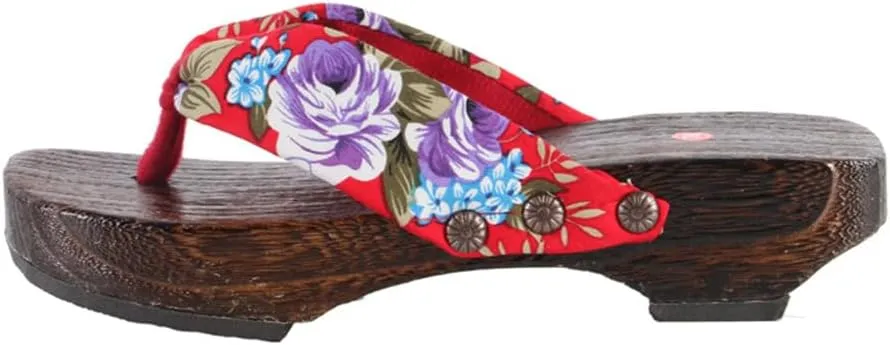 Japanese Clogs Slippers,Flip-Flops Women's Printed Kimono Japanese Traditional Sandals Geta,Anti Slip and Wear-Resistant Thick Sole Sashion Slippers(Size:EU 37,Color:Red)