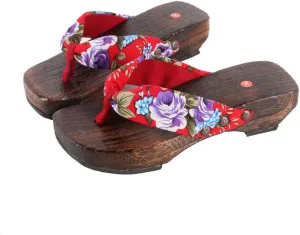 Japanese Clogs Slippers,Flip-Flops Women's Printed Kimono Japanese Traditional Sandals Geta,Anti Slip and Wear-Resistant Thick Sole Sashion Slippers(Size:EU 37,Color:Red)