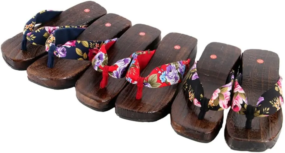 Japanese Clogs Slippers,Flip-Flops Women's Printed Kimono Japanese Traditional Sandals Geta,Anti Slip and Wear-Resistant Thick Sole Sashion Slippers(Size:EU 37,Color:Red)