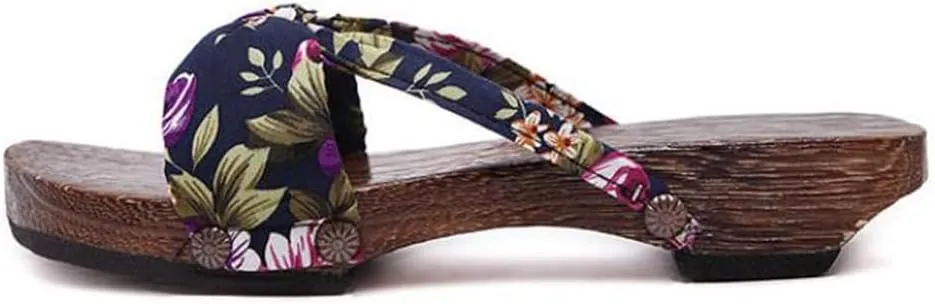 Japanese Clogs Slippers,Women's Flip-Flops Printed Kimono Clogs Slippers,Japanese Traditional Geta Wooden Kimono Flip Flops Thick Sole Sashion Sandals (Size:EU 36,Color:Blue)