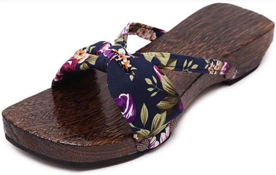 Japanese Clogs Slippers,Women's Flip-Flops Printed Kimono Clogs Slippers,Japanese Traditional Geta Wooden Kimono Flip Flops Thick Sole Sashion Sandals (Size:EU 36,Color:Blue)