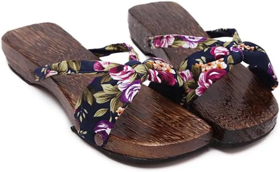 Japanese Clogs Slippers,Women's Flip-Flops Printed Kimono Clogs Slippers,Japanese Traditional Geta Wooden Kimono Flip Flops Thick Sole Sashion Sandals (Size:EU 36,Color:Blue)