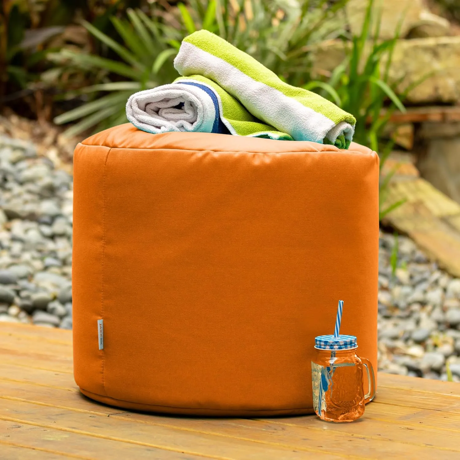 Jaxx Spring Outdoor Ottoman/Side Table, Premium Sunbrella, Tangerine