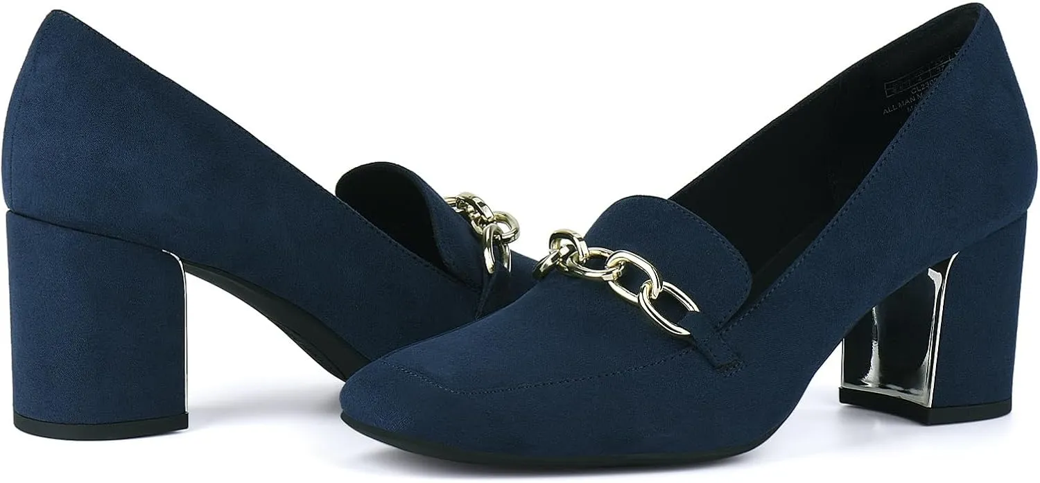 JENN ARDOR Heeled Loafers for Women Block Heel Loafers Comfortable Square Toe Chunky Pumps for Women Work Heels Office Shoes Ladies Professional Classy Dressy Shoes with Chain